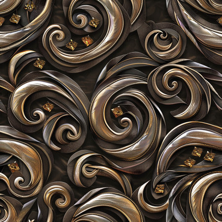 3d render, abstract seamless background with gold and silver swirlsの素材