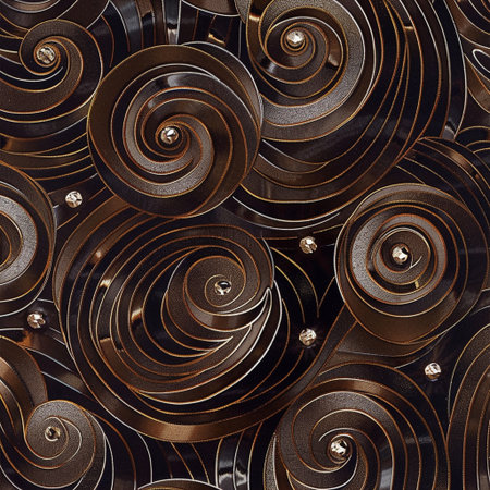 Seamless pattern of gold spirals on a black background.の素材