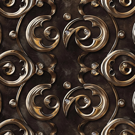 3D render of a metal background with embossed floral ornamentの素材