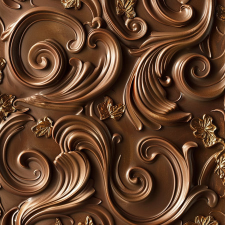Seamless pattern of chocolate swirls on a brown background.の素材