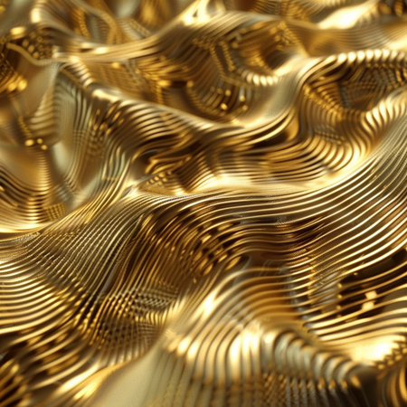 Golden metallic wavy background. 3d rendering, 3d illustration.の素材