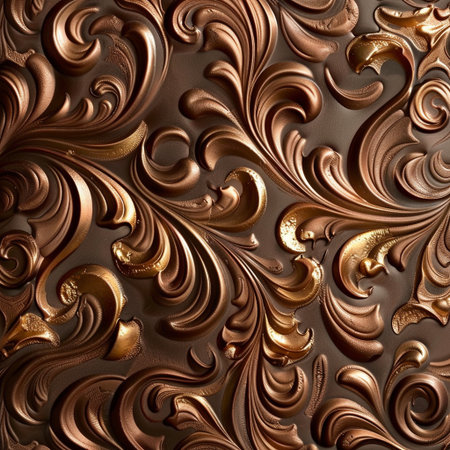 Closeup detail of chocolate texture background. Brown and gold colors.の素材