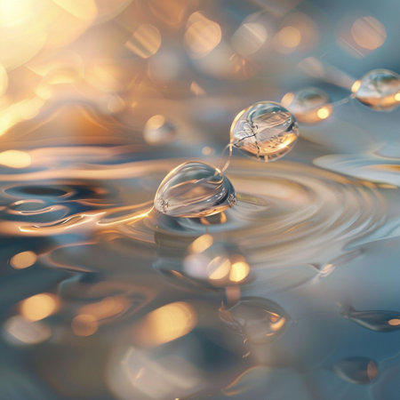 Water drop on water surface with ripples and bokeh backgroundの素材