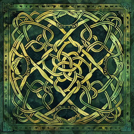 Golden celtic pattern on a green background. Vector illustration.の素材