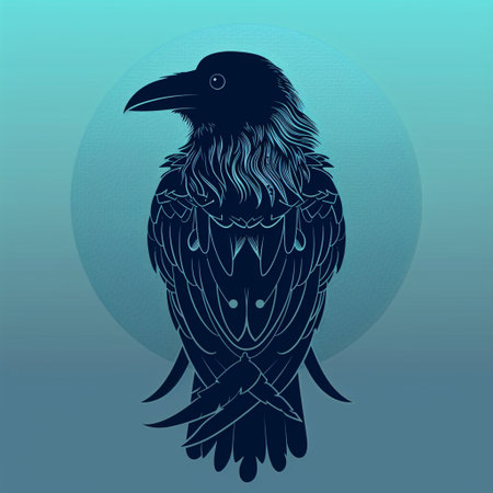 Vector illustration of raven on blue background. Tattoo design template.の素材