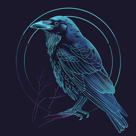 Hand drawn raven. Vector illustration of a crow on a black background.の素材