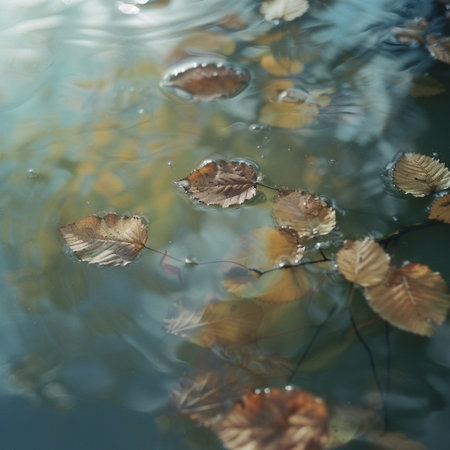 Autumn leaves on the water in the park. Shallow depth of field.の素材