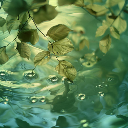 Green leaves reflected in water with dew drops. Nature background.の素材