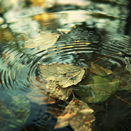 Autumn leaves floating in the water. Shallow depth of field.の素材