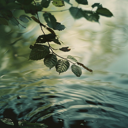 green leaves reflected in the water. soft focus. vintage filtered imageの素材
