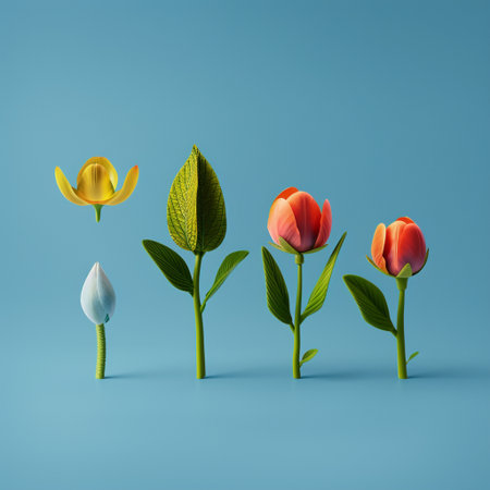 Tulips on blue background. 3D rendering. Minimal concept.の素材