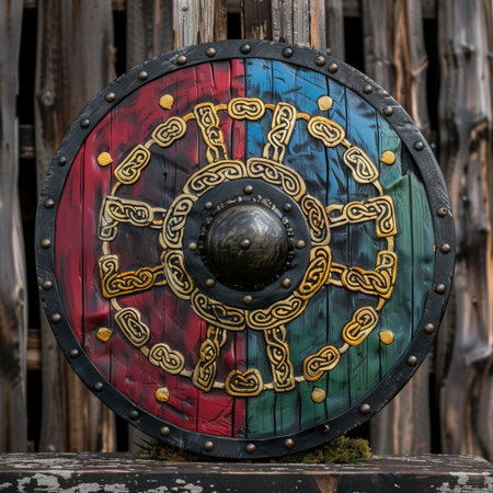 Medieval wooden shield with red and green pattern on the wooden wallの素材