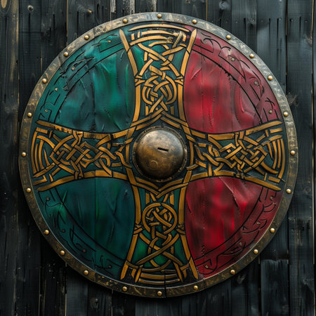 Ancient shield on a wooden wall in the form of a circle.の素材