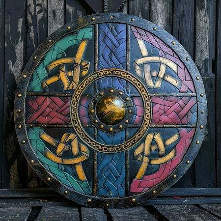 Old wooden shield with a pattern in the form of a circle.の素材