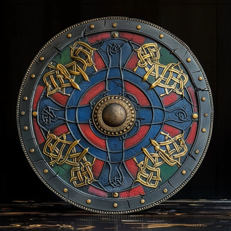 Antique shield on a wooden background. 3d render illustration.の素材