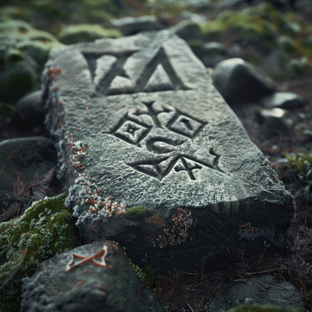 Ancient stone with hieroglyphs on mossy stones in the forestの素材