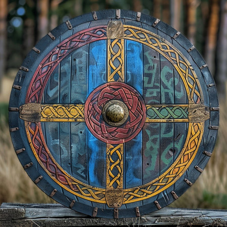 Medieval wooden shield on a wooden bench in the forest. 3d illustrationの素材