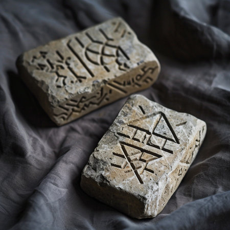 Ancient egyptian hieroglyphs on gray fabric background.の素材