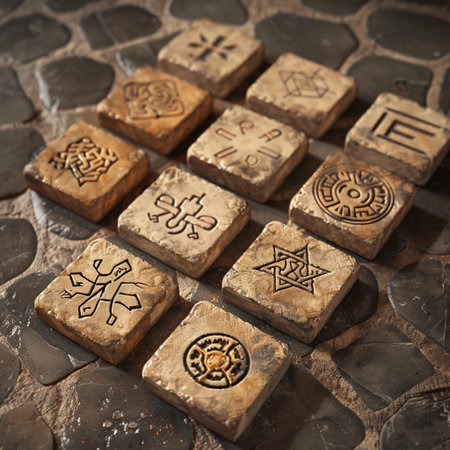 Ancient runes on stone background, close up. Ancient magic concept.の素材