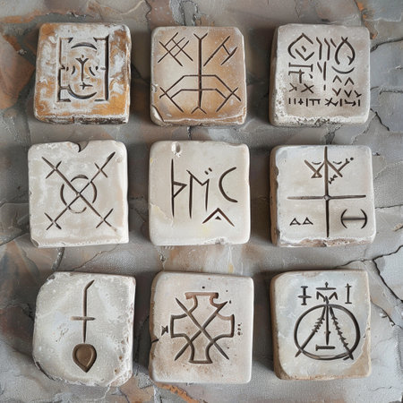 Egyptian hieroglyphs on stones, closeup of photoの素材