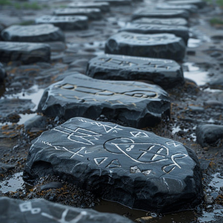 Black stones with inscriptions on them in the water at low tideの素材