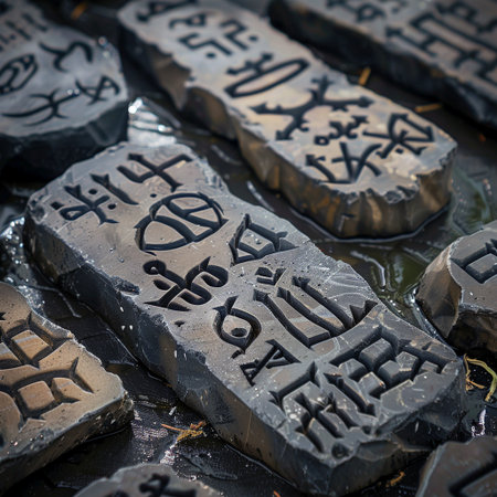 Black stones with inscriptions on them.の素材