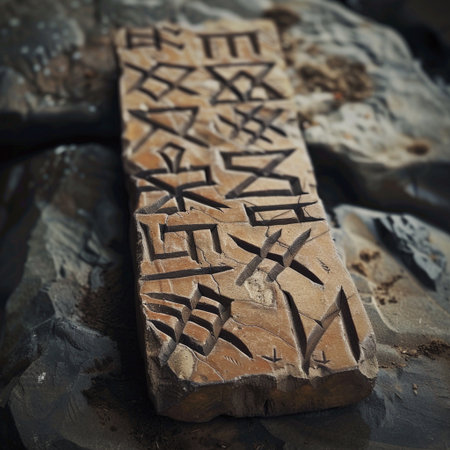 Ancient stone engraving in the wild, closeup of photoの素材