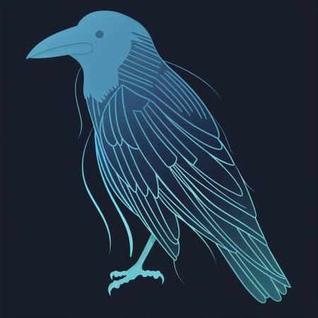 Illustration of a crow in blue on a dark blue background.の素材