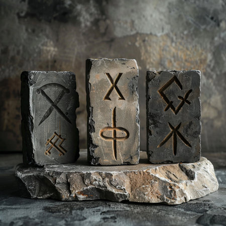 Medieval stone runes on a dark background. Witchcraft concept.の素材