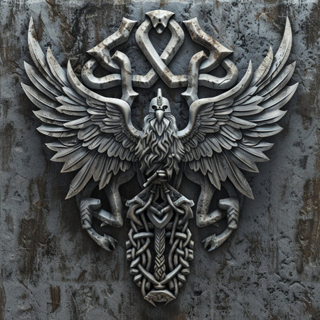 Old iron shield with heraldic eagle. 3D rendering. Decorative element.の素材