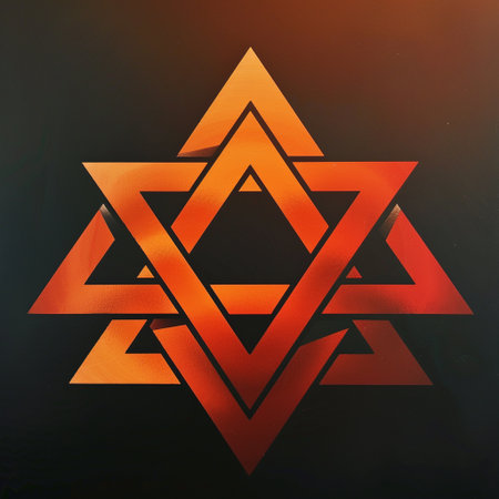 Triangle logo design. Triangular abstract symbol on dark background.の素材