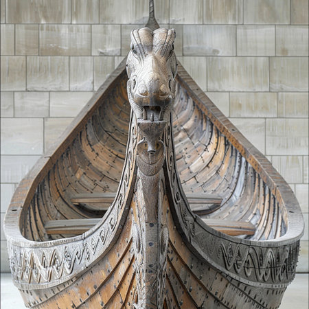 Wooden boat in the form of a dragon on a marble backgroundの素材