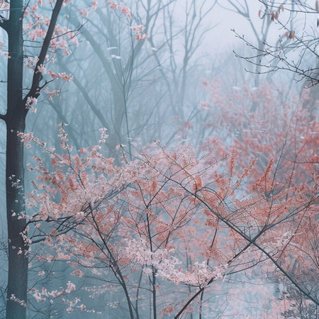 Foggy misty forest in the early morning. Beautiful winter landscapeの素材