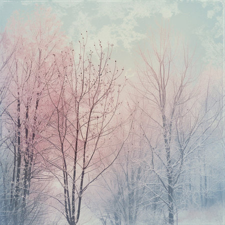 Winter landscape with frosted trees. Photo in old color image style.の素材