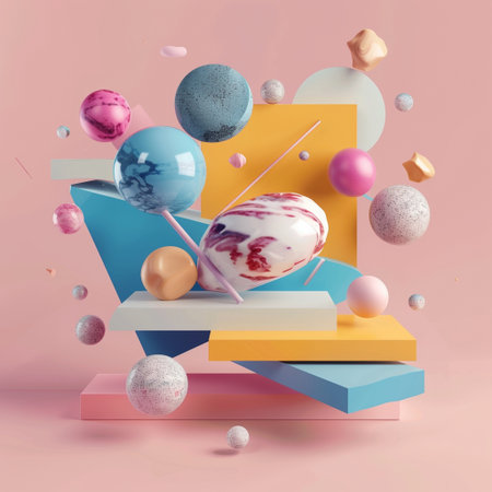 3d render abstract composition with geometric shapes and balls. Minimal style.の素材