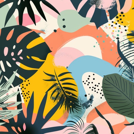 Seamless pattern with tropical leaves and doodles. Vector illustration.の素材