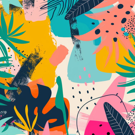 Seamless pattern with tropical leaves and grunge textures. Vector illustration.の素材