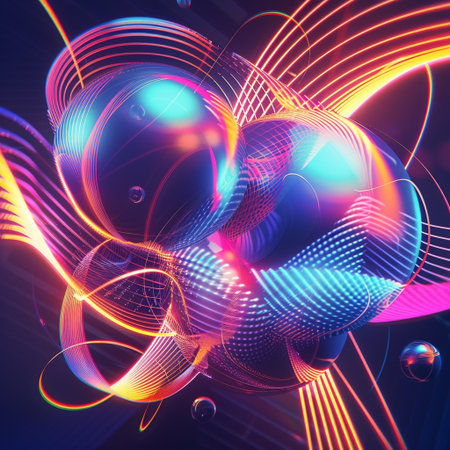 Abstract colorful background with lines and spheres. 3d render illustration.の素材