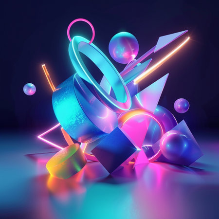 3d rendering of colorful geometric shapes in dark space with light effectsの素材