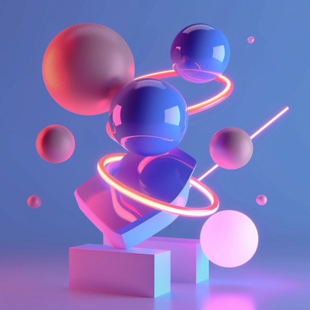 Abstract 3d rendering of geometric shapes. Colorful background with podiums, balls, spheres.の素材