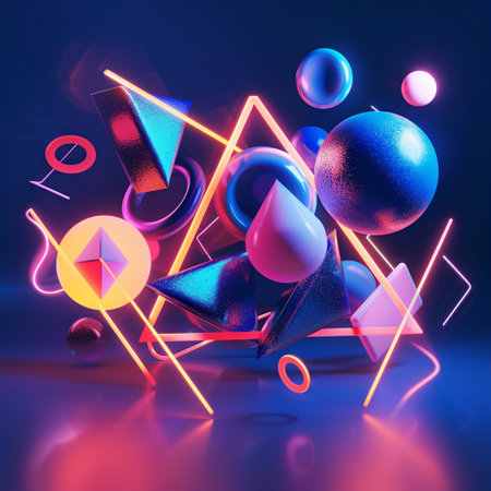 3d illustration of abstract geometric background with neon lights and shapes.の素材