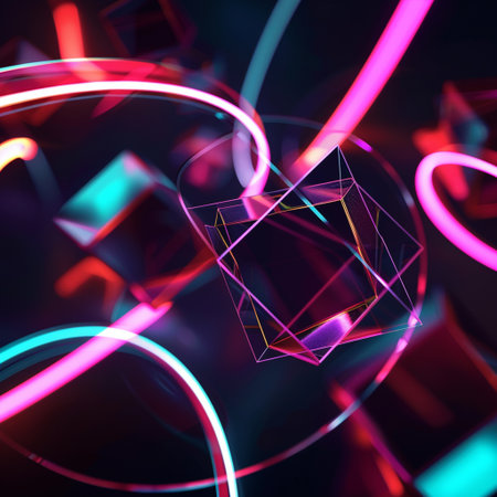 Abstract background with neon glowing cubes. 3d rendering. Computer digital drawing.の素材