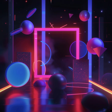 Abstract neon background with geometric shapes. 3d rendering, 3d illustration.の素材