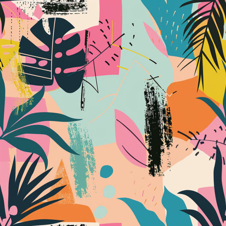 Seamless pattern with tropical leaves and grunge textures. Vector illustration.の素材