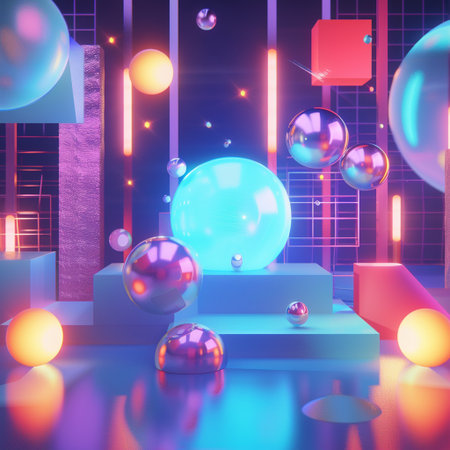 3d render, abstract background with geometric shapes, podiums, pyramids, balls and neon lightsの素材