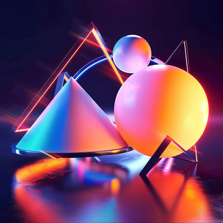 abstract scene with 3d geometric figures on a dark background.の素材