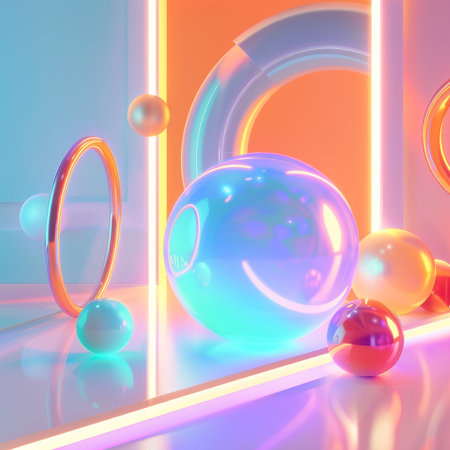 Abstract background. 3d render. Neon light. Glowing balls.の素材