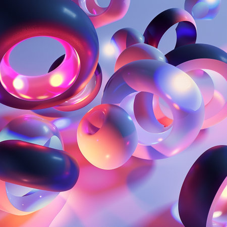 Abstract 3d rendering of multicolored rings. Futuristic technology background.の素材