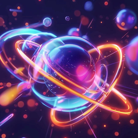 3d illustration of atom with glowing particles, abstract background, 3d renderingの素材