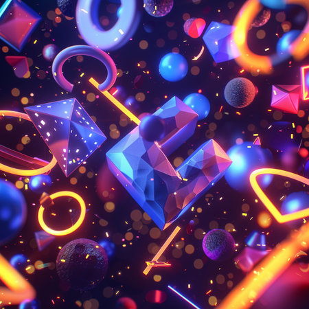 Abstract neon background with geometric shapes. 3d render. Futuristic technology style.の素材